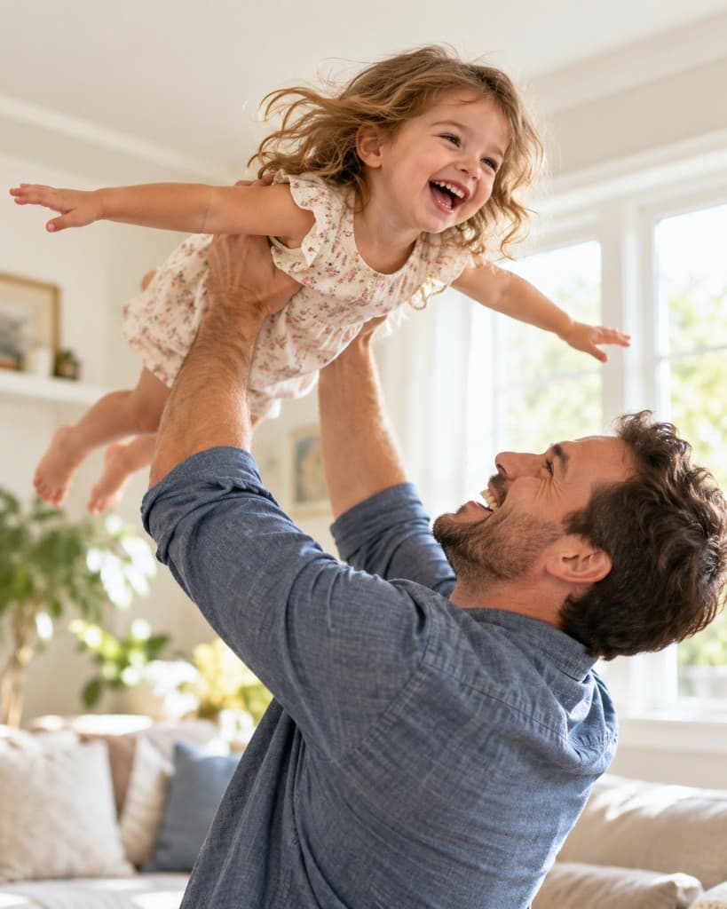 A father lifting his laughing child into the air