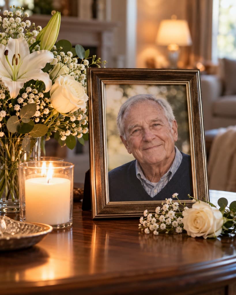 A framed photo with flowers and a candle