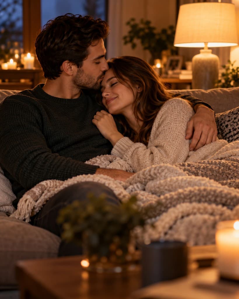 A couple on the sofa, close and quiet