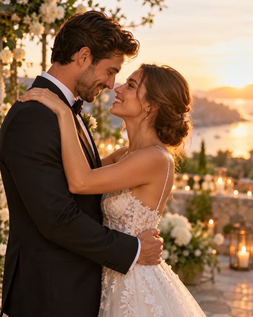 A bride and groom holding each other at sunset